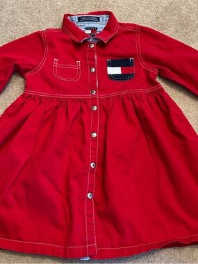 Tommy Hilfiger Red Button-Front Casual Girls' Dress with Logo Pocket